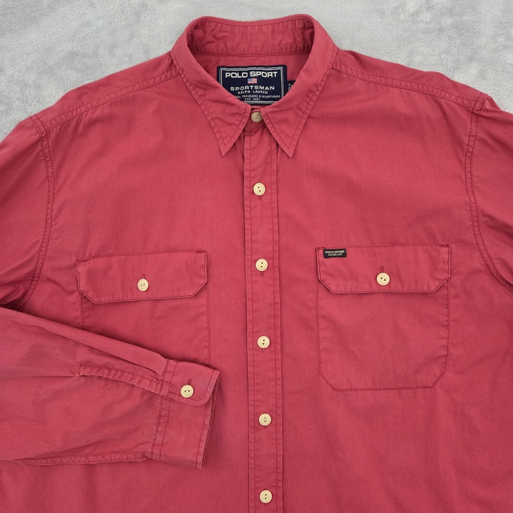 VINTAGE Polo Sport Ralph Lauren Sportsman Utility Shirt Mens L Red Double Pocket